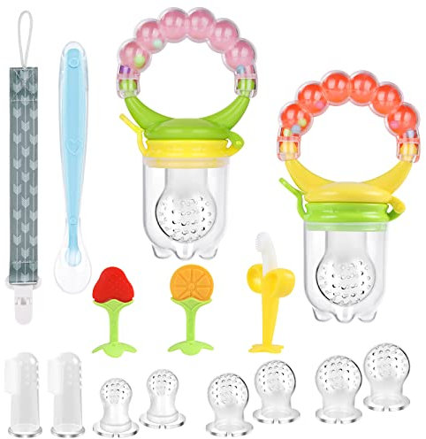 Vicloon Fruchtsauger Baby,15StückFruchtsauger Set mit Schnullerkette,6 Silikon Sauger Ersatz,5 Beißring Spielzeug,Babylöffel,BPA-freie fruchtsauger Schnuller für Obst, Gemüse und Beikost-Orangerosa