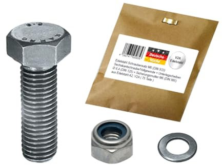 25 St. Edelstahl Sechskantschraube M6 x 80 (DIN 933 - Vollgewinde) inkl. Unterlegscheibe Ø 6,4 (DIN 125) und Sicherungsmutter M6 (DIN 985) aus hochwertigen Edelstahl A2, V2A