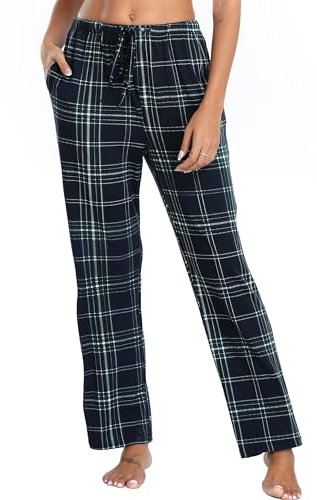 Lovasy Pantaloni Pigiama Donna in Pile Pantaloni a Quadri Morbidi e Caldo Trousers Plaid con Tasche per Casa Casual B Verde XXL