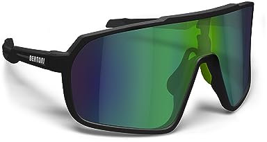 BERTONI Radfahren MTB Lauf Sportbrille für Männer Frauen in TR90 Antibeschlag Weitwinkelobjektiv mod. GEMINI (Matt Schwarz/Glänzendes Schwarz – Grüne Spiegellinse)