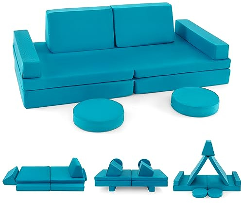 COSTWAY Kids Play Couch, Modular Soft Foam Playset with Machine Washable Suede Cover, Fold Out Convertible Children Sofa Bed for Kidsroom Bedroom Living Room