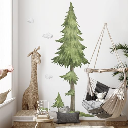 Runtoo Wandtattoo Baum Groß XXL Wandsticker Kiefer Grün Aquarell Wandaufkleber Wohnzimmer Schlafzimmer Kinderzimmer Babyzimmer Wanddeko