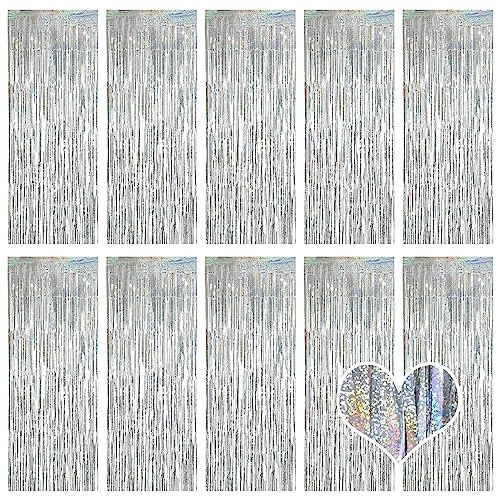 10 Stück Silber Lametta Vorhänge 1 x 2.5M Tinsel Curtain Folien Fransen Metallic Lametta Vorhange Silber für Geburtstag Partydekor Verlobung Hochzeit Weihnachten Neujahr Dekoration (Laser Silber)
