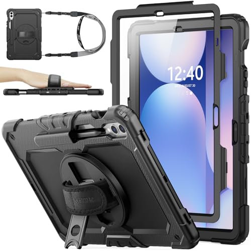 SEYMAC stock Hülle für Samsung Galaxy Tab S10+ Plus/ S9 FE+ Plus/ S9 Plus 12,4 Zoll, Stoßfeste Hülle mit Displayschutz, 360° Drehbarer Ständer/Handschlaufe, Stifthalter & Schultergurt, Schwarz