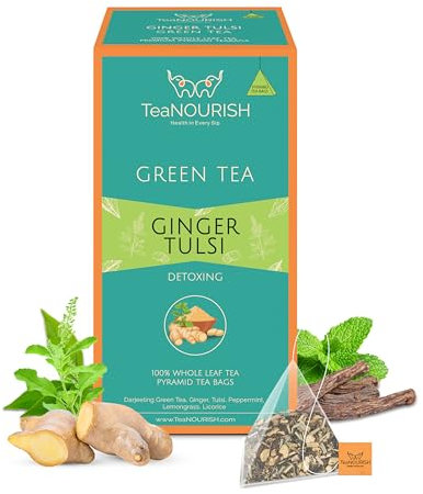 TeaNOURISH Ginger Tulsi Green Tea | 20 Count Pyramid Tea Bags | Darjeeling Whole Leaf | Indian Superfoods Ginger, Tulsi & Licorice | Relieves Stress & Aids Digestion