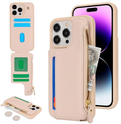 SailorTech for iPhone 14 Pro Max Phone Case with Credit Card Holder for Men, iPhone 14 Pro Max Case with Credit Card Slots Wallet Zipper Case for Women - Apricot