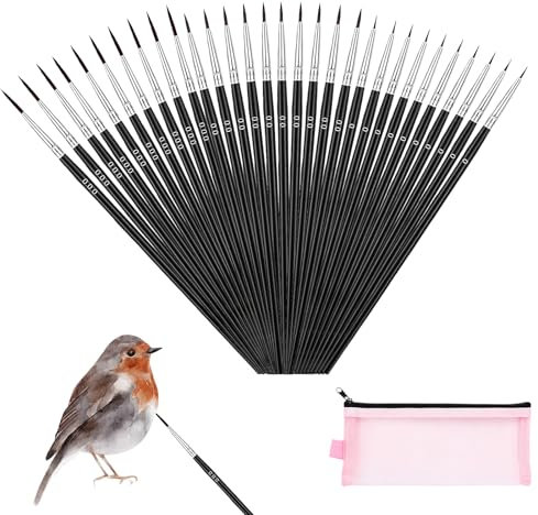 VEGCOO 30 Pcs #0#00#000 Detail Paint Brushes, Fine Tip Paint Brush Set with 1 Mesh Bag, Mini Tiny Fine Paint Liner Brush for Miniature Painting, Watercolor, Acrylic Art, Scale Model