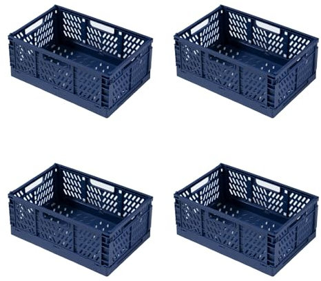 heqxwl 4 Stück Faltbare Kunststoff Aufbewahrungsbox, Einkaufskiste Klappbar, Stabil Klappboxen Faltbar für Küche, Büro, Schlafzimmer, Schrank, Schublade (Blau, L)
