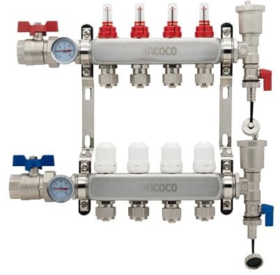Vancoco 4-Port Stainless Steel Manifold Set, 3/4 Euro Conus (16×2 mm) Fittings, with Flow Meter, Auto Air Vent and 1 Ball Valves, Complete Underfloor Heating Kit