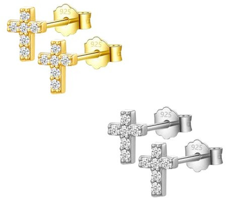 HinDaLi 2 Paires Croix Boucles d'oreilles en Argent 925 pour Femme Homme Fille Clous d'oreilles Femme Or Boucles d'oreilles Croix Femme Boucles d'oreilles Femme Boucles d Oreilles Argent Zirconium