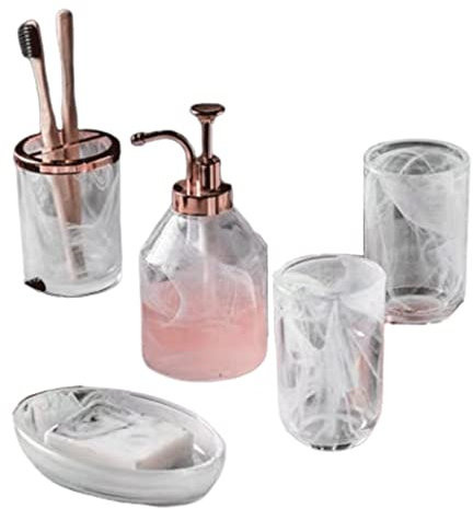 OOMRNV Juego de Accesorios de baño de 5 Piezas, Accesorio de baño de Cristal, dispensador de jabón Transparente, Regalo para la decoración Moderna de la encimera del tocador del hogar