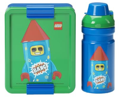 Room Copenhagen LEGO LUNCH SET – ICONIC Design, divertente e funzionale, bottiglia da 390 ml e contenitore per il pranzo per bambini e adulti, per pasti in viaggio, verde e blu
