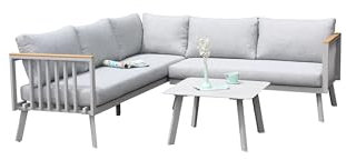 acamp Elegante Aluminium Bank & Tisch Set – Pulverbeschichtet, Kissen aus Polyester mit Schaum-Vliesfüllung, 12 cm hoch, Reißverschluss, taupegrau & teakfarben, Bank 145/217 cm, Tisch 70 cm.