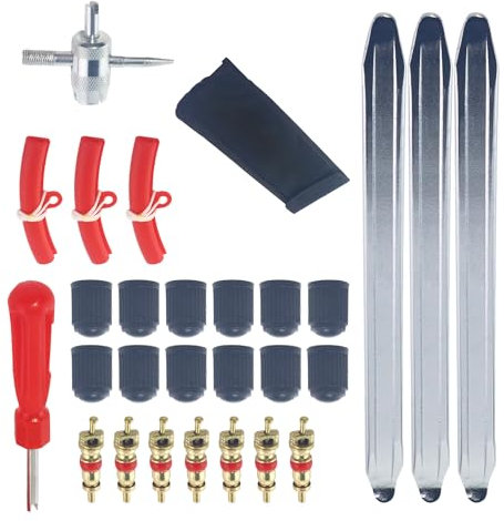 GIVIHGETI 28 Stück Reifenmontierhebel Set 30 cm mit 3 Felgenschutz, Reifenventil Kit Reifenmontage Werkzeug Lever Iron Reifenwechselset für Motorrad, Fahrrad, Auto
