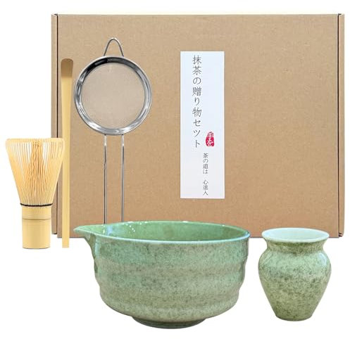 5 PCS Matcha Whisk Set, Japanese Matcha Ceremony Set in Matcha Green – Bamboo Chasen Whisk, Ceramic Tea Bowl, Scoop, Strainer and Matcha Whisk Holder – Handcrafted Japanese Tea Set for Matcha Lovers
