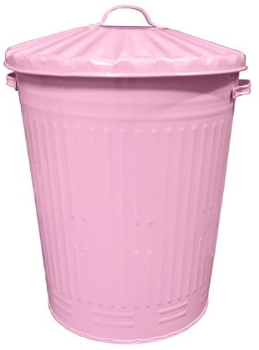 KetoBarrow Large Coloured Metal Dust Bin with Lid Retro Style Metal Bin as a Kitchen Waste Rubbish Recycle Bin 90L - Baby Pink