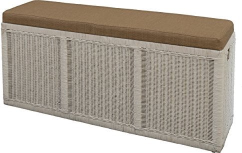 Korb-Outlet Breite schmale Sitztruhe/Sitzbank mit Wäschefach aus Natur-Rattan mit gepolstertem Sitz (Weiss)