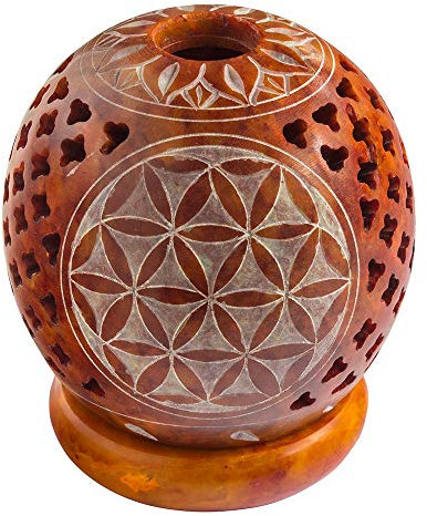 Saraswati Teelicht Kugel Blume des Lebens Speckstein Ocker 8cm