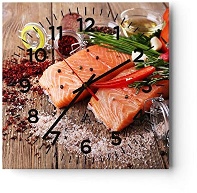 Modern Wanduhr Lachs Fisch Essen Küche 40x40cm Quadrat Groß Wand Uhr Glas Analog Zimmeruhren Küche Büro Wohnzimmer Glasuhr Wall Clock Dekoration Design Wanddekoration Küchenuhr C4AC40x40-2822