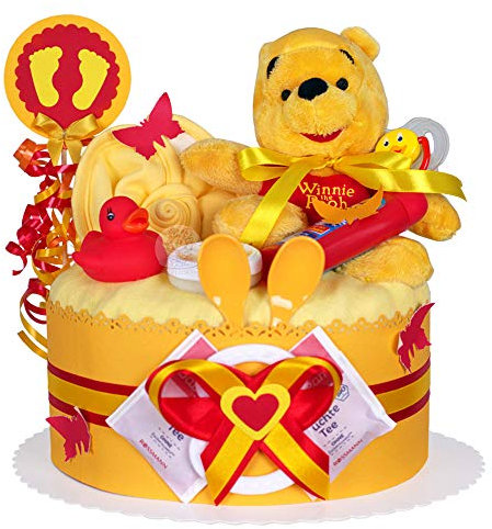 MomsStory - Windeltorte neutral | Winnie Pooh Disney | Baby-Geschenk zur Geburt Taufe Babyshower | 1 Stöckig (Orange) Geburtsgeschenk