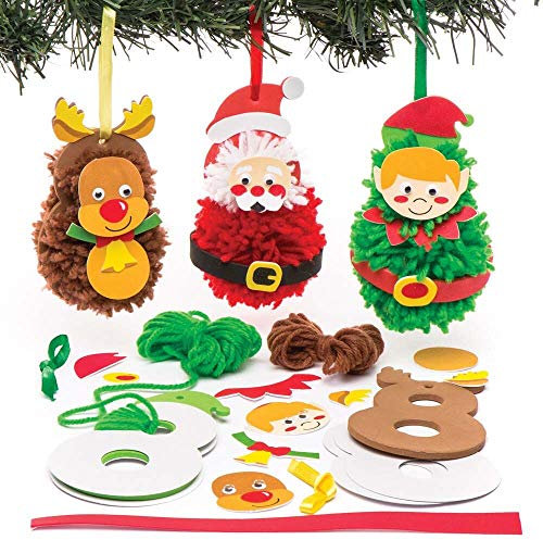 Baker Ross AR752 Christmas Pom Poms Decoration Kits — Creative Christmas Art and Craft Supplies for Kids to Make and Decorate (Pack of 3)