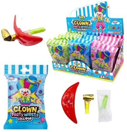 Clown Pfeife Lollipop Party Favor Pack - 24 Stück, Apfel, Erdbeere, Heidelbeere Geschmacksrichtungen - Spaß Clown Party Pfeife Lollipop Bundle