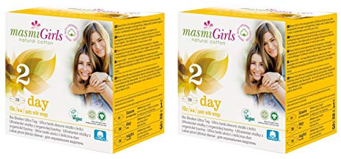 2 x 10 Bio Teen First Period Tagesbinden mit Flügeln Bio Vegan Biologisch abbaubar Einzeln verpackt Masmi