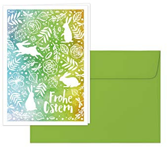 Osterkarte, Grußkarte „Frohe Ostern“ – Klappkarte im Aquarell-Stil mit grünem Umschlag, Design: Oster-Frühlingswiese