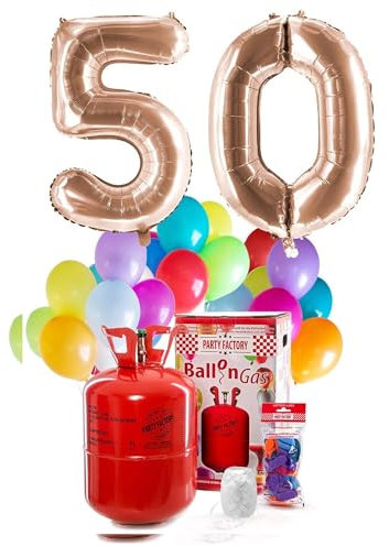 PARTY FACTORY Helium Geburtstags-Komplettset 50 - mit XXL Zahlenballons, 0,4m³ Ballongas, Ballonschnur & 30 bunten Latexballons - für Geburtstag, Jubiläum, Jahrestag - versch. Farben (Roségold)