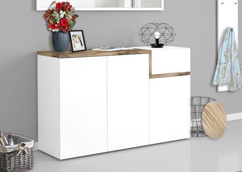 Dmora - Schuhregal Steve, Mehrzweckschrank mit 3 Türen und 1 Klapptür, Schuhregal für den Eingangsbereich, 100 % Made in Italy, 120 x 40 x 80 cm, glänzendes Weiß und Ahorn,