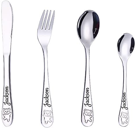 Juego de Cubiertos para niños de 4 Piezas de Grabado Personalizado de Acero Inoxidable ingrese su Propio Texto Personalizado Forks/Knives/Spoons