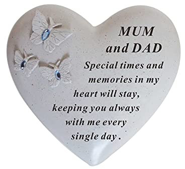 Adorno de Tumba Personalizado/Placa Conmemorativa con corazón con 3 Mariposas y Gemas Azules, decoración en la Tumba Regalo en la Memoria Amorosa de Tus Seres Queridos fallecidos (mamá y papá)