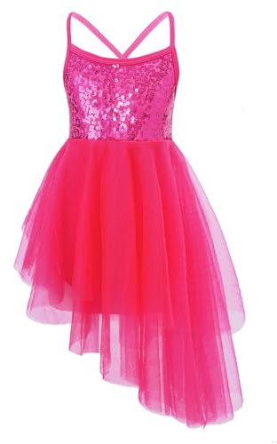Freebily Vestito Tutu Bambina Ballerina Costume Danza Paillettes Principessa Abito Asimmetrico Corto Dancewear Vestiti Ballo Latino Bambina Abito Pattinaggio Artistico Rosa Rosso 7-8 Anni