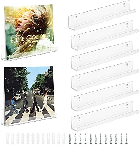 CAEEKER 6 Pack 12 Inch Acrylic Vinyl Record Shelf Wall Mount Rack Acrylic Album Record Holder Clear Floating Shelves Display Collection Picture Ledge Shelf for LP Storage (30.5 L x 4.4 W x 4.3 H cm)