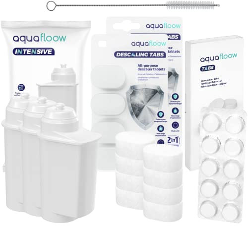 Aquafloow Rundum-Pflegeset für Kaffeevollautomaten Kompatibel mit Bosch, Siemens | 3x Wasserfilter komp. mit Brita TZ70003, Reinigungstabletten 10x2g, Reinigungsbürste, 8x Entkalkungstabletten