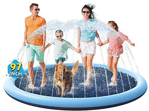 VISTOP Non-Slip Splash Pad for Kids and Dog, Thicken Sprinkler Pool Summer Outdoor Water Toys - Fun Backyard Fountain Play Mat for Baby Girls Boys Children or Pet Dog (97 inch, Blue&Blue)