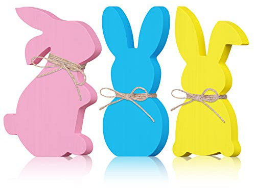 3 Stück Osterhasen-Tischschilder aus Holz mit Seil, Ostern, Frühling, Holz, gestuftes Tablett, Dekoration, Kaninchen, Tischplatte, Party, Tafelaufsatz, Schilder, Gelb, Blau)