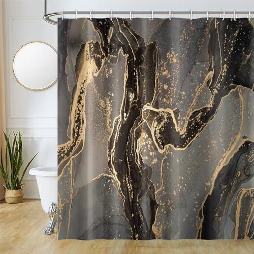 Uiiooazy Tenda Doccia Nero Oro, Tenda da Doccia Effetto Marmo Astratta Arte Tenda per Doccia Antimuffa Impermeabile Tessuto Poliestere Lavable Opaca Tenda per Vasca da Bagno con 12 Ganci 240Lx180Acm