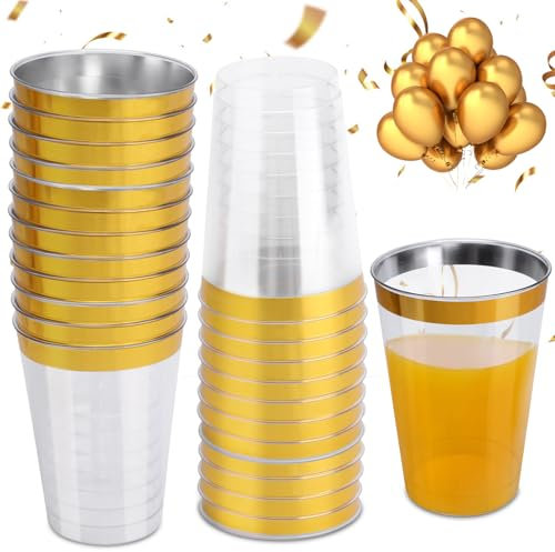 NAEBRO Plastikbecher 25 Stück 360ml Kunststoff Trinkbecher mit Goldrand, Transparent Wiederverwendbare Partybecher für Getränke, Schnapsbecher für Hochzeiten Taufe Picknick Party Camping Geburtstag