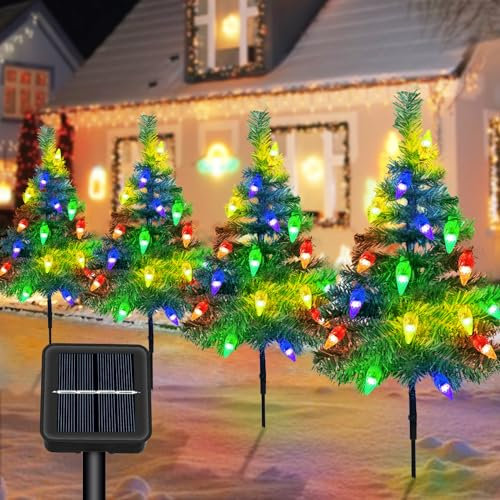 Albero di Natale con Luce Solare per Esterni, 4 Alberi con Catene Luminose, Luci Solari da Giardino 80LED C6, Decorazioni Natalizie per Feste Cortile Esterno