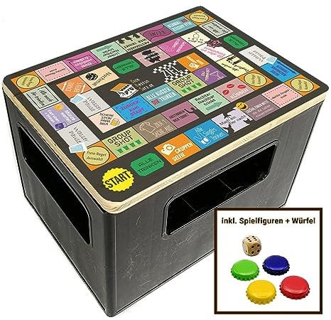Bierkastensitz, Outdoor Hocker, Sitzauflage aus Holz für Getränkekisten - Partyspiel - Komakasten- inkl. Spielfiguren und Würfel