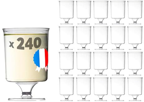 Table'Colors 240 Verres à Vin Plastique Reutilisable 17cl - A Pied pour Apéritif - Idéal pour Mariage - Anniversaire - Fabriqué en France - Base Stable - Facile à Tenir - Transparent