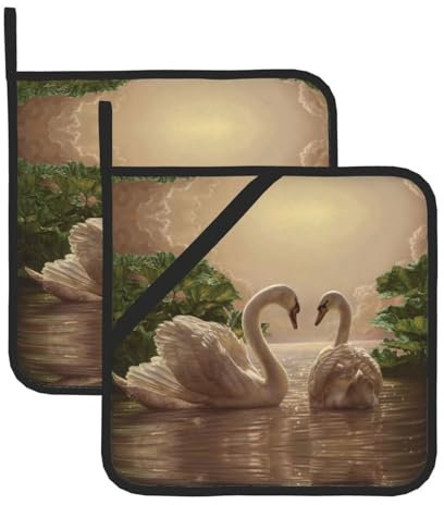 Swan Green Leaves Printing Pot Holders Sets For Grilling Microwave Barbeque Handling Hot Pan, Thanksgiving/Christmas
