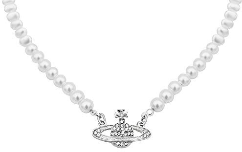 SHIYOUO Saturn Perlenkette, Planet Perlenkette Damen Choker Saturn Perlenkette Silber für Frau Freundin Mutter Tochter Geschenk(Silber)