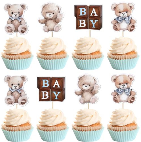 SYKYCTCY 36 Pack Baby Shower Bear Cupcake Toppers Glitter Baby Shower Cupcake Picks Bear Cake Decorations for Kids Boys Baby Bear Theme Birthday Party Supplies