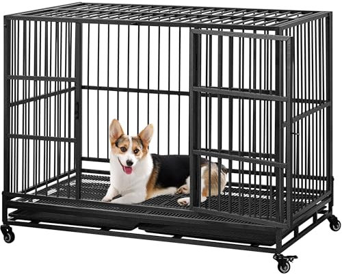 Yaheetech 42'' Heavy Duty Dog Crate Foldable Dog Kennel for Medium/Large Dogs Rolling Puppy Cage w/Double Doors/Removable Trays
