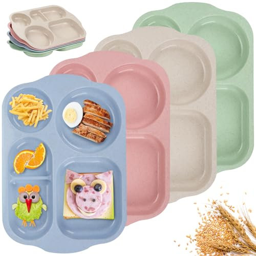Ensemble 4 Assiettes Compartimentées: Assiettes pour Enfants avec 5 Compartiments Ensembles D'assiettes Compartimentées Vaisselle menu pour Enfants Adultes Résistantes au Micro-ondes au Lave-vaisselle