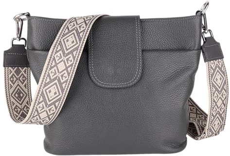 MIRROSI® Umhängetasche Damen, Echtleder, Made in Italy, BOHO Style30x24,50x9cm (BXHXT) viel Stauraum, Handtasche, Brusttasche, Crossbody Bag (1 Tasche & 2 Gurte) (Dunkelgrau (Karo))