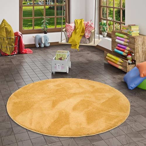 Pergamon Super Soft Kinder Hochflor Teppich Silky Kids Rund Curry - für Kinderzimmer und Jugendzimmer