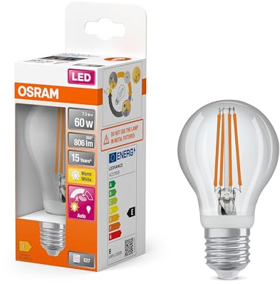 Osram LED Star Classic Lampe mit Bewegungssensor und Tageslichsensor, Kolbenform, 7.3 W / 806 lm, EEK A, warmweißes Licht (2700 K), aus klarfarbenem bleifreiem Glas, E27, 60mm DM,4-Pack